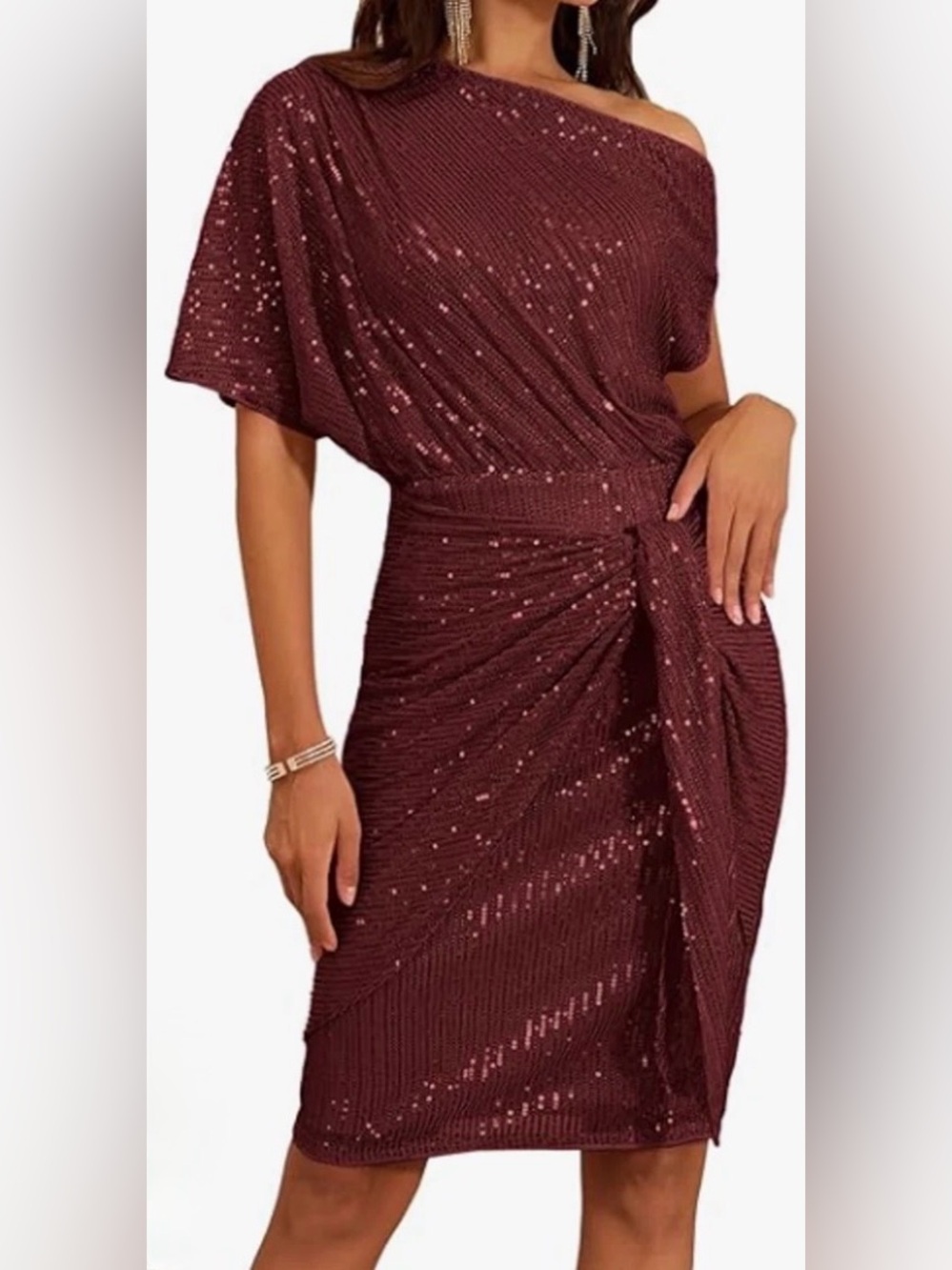 Grace Karin Burgundy Red Glitter Sequin One Shoulder Wrap Mini Party Dress XL